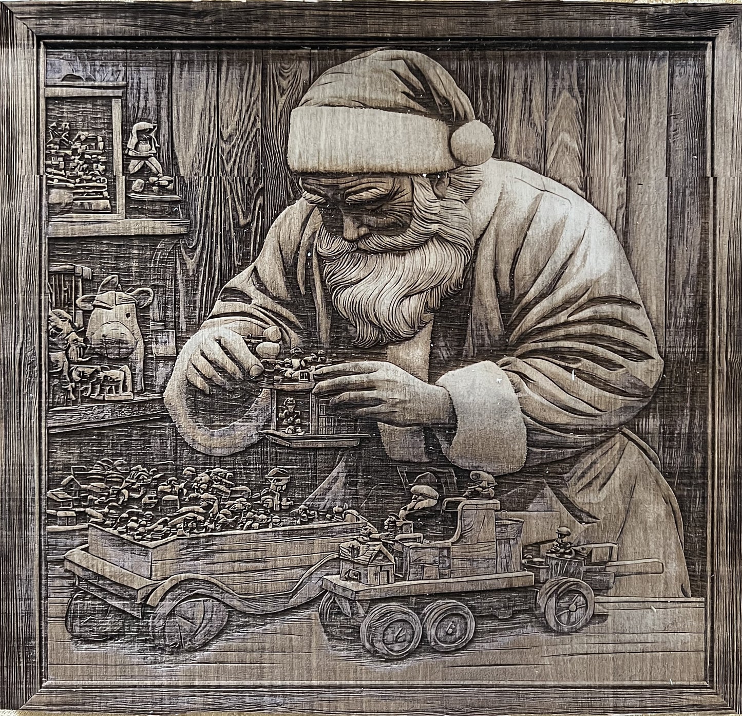 π
Santa in the Toy Shop β 3D Wood Plaque Engraved (11 Inches)